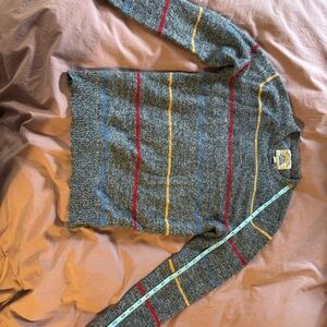 Cozy Gray and Red Crewneck Sweater with Stripes